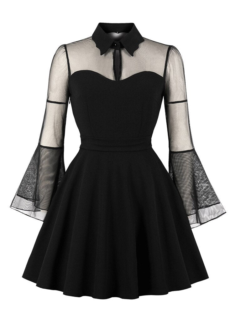 Turn-Down Collar Mesh Flare Sleeve Vintage Party Outfits Women Black Solid Elegant Mini Dress
