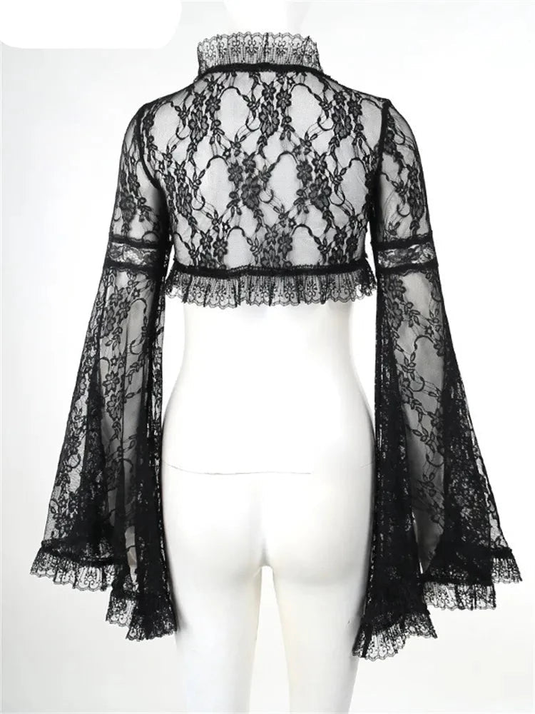 Flare Sleeve Gothic Cropped Lace Jacket Black Sexy Steampunk Blouses Shirt Punk Shrugs Cardigan Mesh Short Top Cosplay Outfits