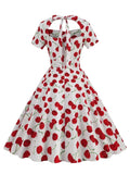 Sweetheart Neck High Waist Cherry Vintage 50s Midi Dress Short Sleeve Backless Women Tie Back Cotton Rockabilly Dresses
