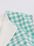 Turquoise and White Gingham Retro 50s Rockabilly Dress Women V-Neck Cotton Pleated Pockets Vintage Pinup Dresses