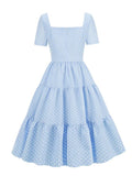 Square Neck Ruched Knot Front High Waist Elegant Blue Midi Dress Women Polka Dot Print Pleated Summer Vintage Dresses