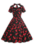 Sweetheart Neck High Waist Cherry Vintage 50s Midi Dress Short Sleeve Backless Women Tie Back Cotton Rockabilly Dresses