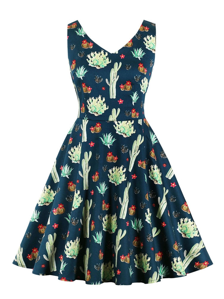 Multicolor Cactus Print Sleeveless Vintage Robes 50s Pinup A Line Dress V Neck Women Summer Cotton Dress