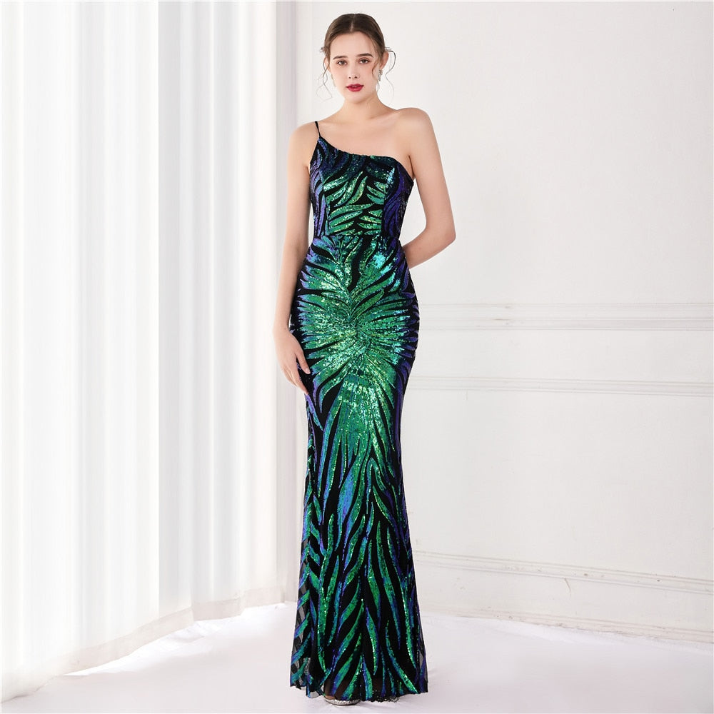 Women 2022 New Elegant One Shoulder Floor Length Evening Dress Sexy Mermaid Sequin Flower Party Maxi Dress Vestidos