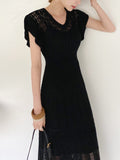 Women Summer Elegant Hollow Out Knitted Office Lady Casual Midi Dress