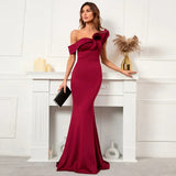 Women Burgundy Evening Slash Neck Ruffles Celebrity Party Maxi Dress Sexy Long Dress