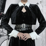 Black Velvet Short Women Goth Vintage Turn Down Collar Button Long Sleeve Jackets Autumn Streetwear Dress