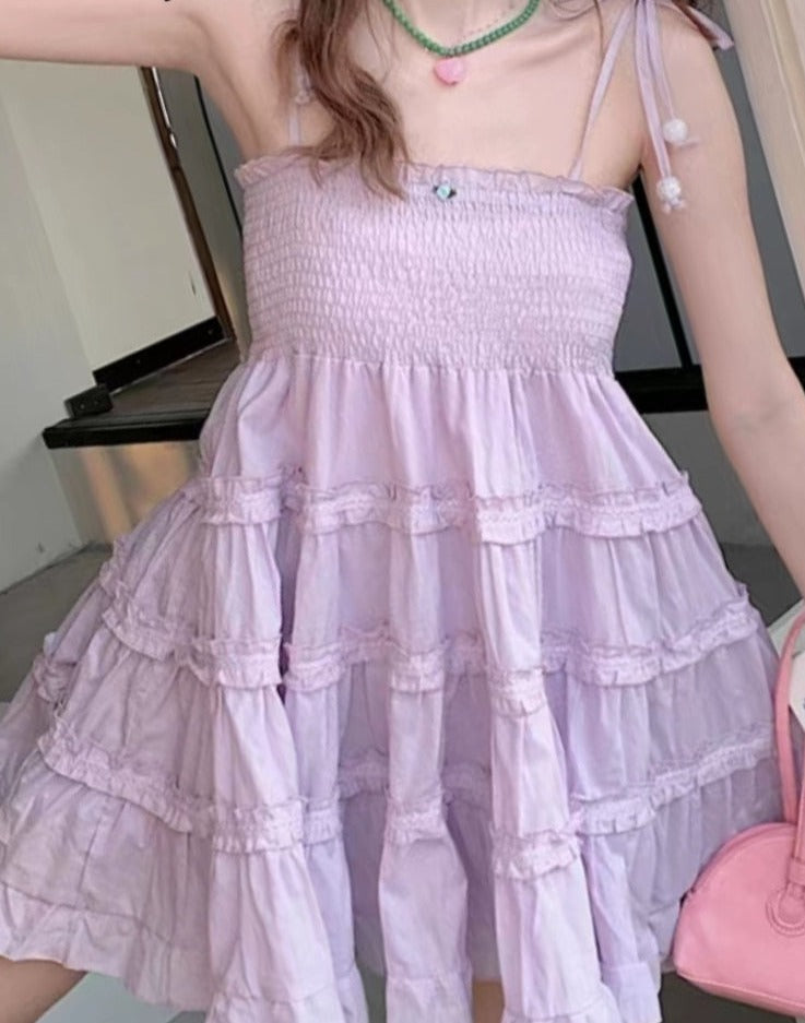 Summer Bandage Bow Sweet Strap Ruffle Flounce Fluffy Fairy Mini Korean Cute Princess Dress