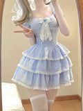 Sweet Bubble Sleeves Waist Shrink Square Neck Fluffy Cake Women Summer Korean Chic Slim Fit Bow Lace Short Dress