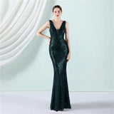 Women Deep V Neck White Sequin Dress Long Prom Evening Dress Sexy Party Maxi Dress