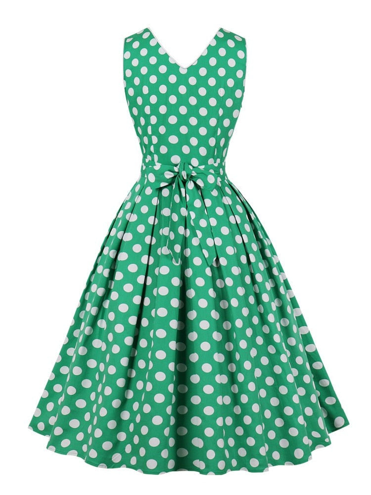 Polka Dot 50s Pinup Robe Femme Button Front Long Women High Waist Belted Vintage Pleated Midi Dresses