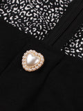 Square Neck Button Front Puff Sleeve Black Print Elegant Women Spring Autumn Vintage Swing Dress