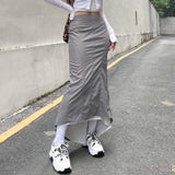 Grey Long Fairy Grunge High Waist Streetwear Retro Sexy Bodycon Asymmetrical Mermaid Ruffles Korean Midi Skirts