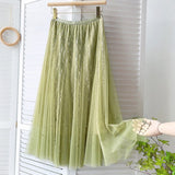 Women Lace Bead Pleated Sweet A-Line Elastic High Waist Skirts Streetwear