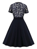 V Neck Short Sleeve Floral Lace Women Elegant Patchwork Navy Blue A-Line Vintage Summer Knee-Length Dress