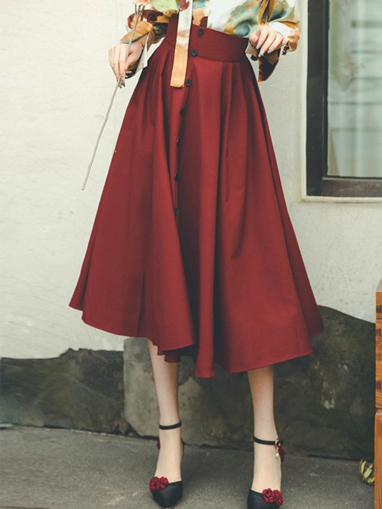 Summer Elegant Vintage Midi Designer Sashes Fluffy Temperament Korean Button Sweet Skirt