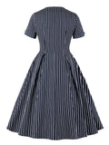 Navy Blue Button Front Striped Vintage Cotton Midi Dresses Women High Waist Pocket Side Pleated Dress