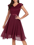 Retro Lace Chiffon Short Party Ladies Elegant V Neck Formal Bridesmaid Summer Birthday Cocktail Evening Dress