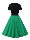 Black and Green Two Tone Belted Vintage Party Dresses for Women Square Neck Elegant Outfits Summer Swing Dress