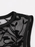 Sleeveless O-Neck Leaf Mesh A-Line Evening Elegant Black Dress Vintage Style Women Party Swing Dresses