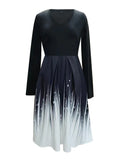 Scalloped V-Neck Long Sleeve Fall Spring Dresses Midi Length Women White Print Vintage Pleated Dress