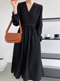 Elegant V-Neck A-Line Long Women Casual Solid Lace-up Dress High Waist Vestidos