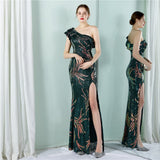 New Women Off The Shoulder Elegant Evening Dress Sequins High Slit Party Gown Ruffles Floor Length Formal Dress