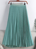 Women Office Lady Elegant Pleated Skirt Elastic High Waist Casual Midi Long Skirt