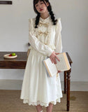 Sweet Lolita Vintage Lace Patchwork Party Midi Casual Korean Designer Bow Kawaii Dress