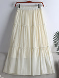 Fashion Faux Pearl Rhinestone Beaded Tiered Midi Skirt Elastic High Waist Solid Casual A Line Skirt