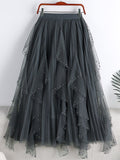 Faux Pearl Beaded Ruffle Midi Long Women Elastic High Waist Casual A Line Tulle Skirt