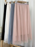 Spring Women Elegant Beading Mesh Midi Skirt Casual Elastic High Waist A Line Skirt