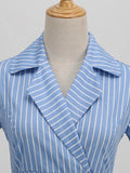 Notched Collar Striped High Waist Vintage Outfits for Women Short Sleeve Mid-Calf Length Midi Dress