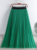 Women Contrast Trim Tulle Skirt Elastic High Waist Mesh Midi Pleated Skirts