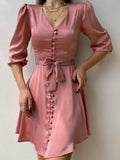 Celebrities Senior Collar Waist Women Solid Color Thin Temperament Commuter Bubble Sleeve Dress