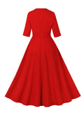 Red and Polka Dot Patchwork 50s Vintage Long Dresses for Women Square Neck High Waist Half Sleeve Autumn Swing Dress
