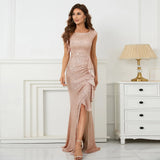 Elegant Gold Sequin Women Ruffles Short Sleeve Evening Party Maxi Dress Long Prom Dress