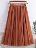 Spring Summer Elastic High Waist Elegant Layered Tulle Skirt Solid A Line Mesh Midi Long Skirt