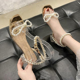 Summer Ankle Strap Pearls Sandals PVC Transparent Heels Sandalias Mujer Beaded Bow Party Shoes