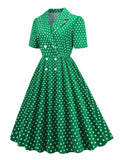 Notched Collar Double-Breasted Green Polka Dot Vintage Long Robe Women Short Sleeve Elegant Cotton Dress