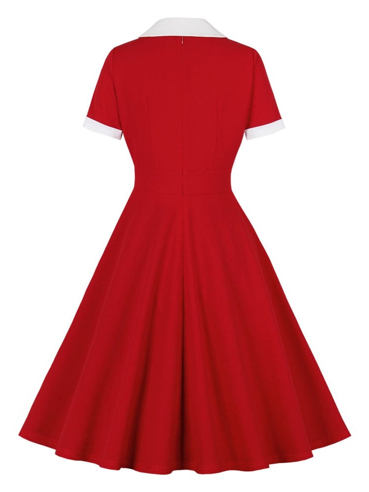 Contrast Collar and Cuff Button Front Red 50s Vintage Short Sleeve Summer Swing Dress