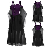 Halloween Party Witch with Charming Patchwork Bat Sleeves Big Swing Halter Dress Girls Play Costume