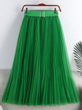 Elegant Long Women Tulle Pleated Skirt With Belt High Waist Solid Mesh Midi Skirt