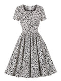 Square Neck Short Sleeve Leopard Summer Pleated White Vintage High Waist Evening Party Dress