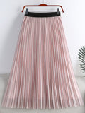 Women Contrast Trim Tulle Skirt Elastic High Waist Mesh Midi Pleated Skirts