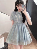 Summer Chiffon Lace Ruched Sweet Mini Korea Tie Dye Patchwork Party Hem Lace Mesh Kawaii Dress