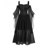 Halloween Party Witch with Charming Patchwork Bat Sleeves Big Swing Halter Dress Girls Play Costume