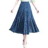 Women Summer Vintage Boho Floral Maxi Skirt Ladies Retro High Waist Side Slit Casual Pleated Skirts