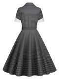 Notched Collar Single Breasted Women Grey Plaid Rockabilly Long Dresses High Waist Belted Vintage A-Line Dress