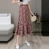 Women Chiffon Casual Summer Vintage Floral Print High Waist Ladies Elegant A-line Long Skirt